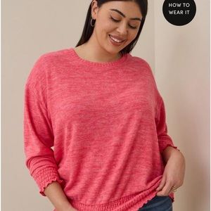 Relaxed Fit Super Soft Plush Drop Shoulder Smocked Bottom Sweatshirt 4 torrid
